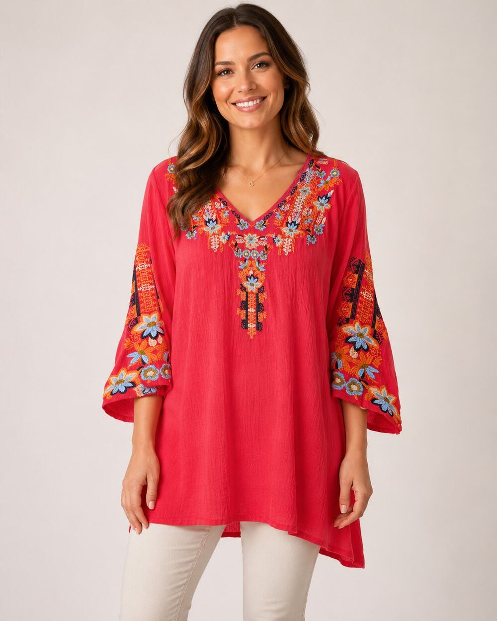 Cute Options Red Embroidered Tunic Blouse Small Boho Floral Rayon India